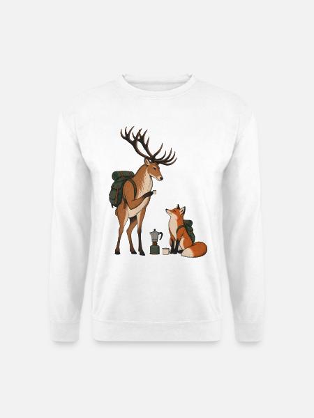Hirsch & Fuchs – Kaffeepause beim Wandern - Unisex Pullover - Weiß