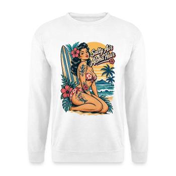 Salty Air, Aloha Hair – Pin-Up im Tattoo Stil - Unisex Pullover - Weiß - Vorne - Alina (178cm) & Michal (187cm)
