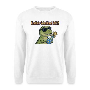 Endlich Schulkind 2027 T-Rex Dino Einschulung  - Unisex Pullover - Weiß - Vorne - Alina (178cm) & Michal (187cm)