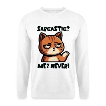 Sarkastisch? Ich? Niemals! – Lustiges Katzen Desig - Unisex Pullover - Weiß - Vorne - Alina (178cm) & Michal (187cm)