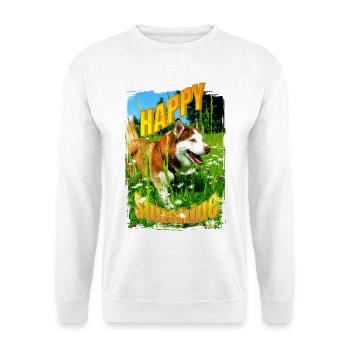 Fröhlicher Hund im Blumenfeld - Unisex Pullover - Weiß - Vorne