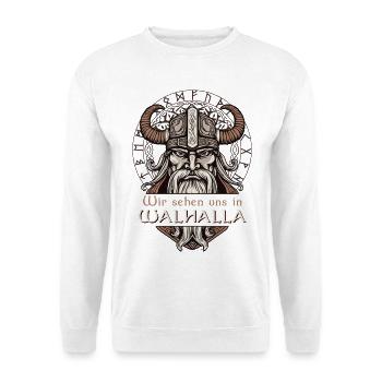 Wir sehen uns in Walhalla Wikinger Krieger - Unisex Pullover - Weiß - Vorne - Alina (178cm) & Michal (187cm)