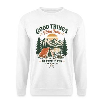 Gute Dinge brauchen Zeit – Campinglandschaft - Unisex Pullover - Weiß - Vorne - Alina (178cm) & Michal (187cm)