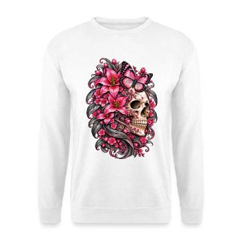 Totenkopffrau, Schädel, Schmetterlingsblüten, rosa Lilien - Unisex Pullover - Weiß - Vorne - Alina (178cm) & Michal (187cm)