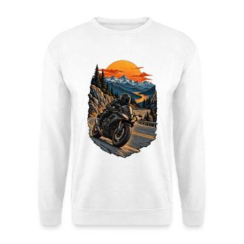 RobVibe Motorrad in den Bergen bei Sonnenuntergang - Unisex Pullover - Weiß - Vorne - Alina (178cm) & Michal (187cm)