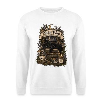 Stay Wild - Schwarze Katze, Bücher, Tee & Magie  - Unisex Pullover - Weiß - Vorne - Alina (178cm) & Michal (187cm)
