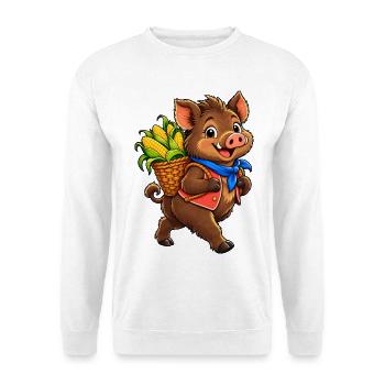 Erntefreudiges Schweinchen mit Körben - Unisex Pullover - Weiß - Vorne - Alina (178cm) & Michal (187cm)
