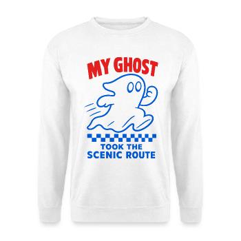 My Ghost Took the Scenic Route – Geist - Unisex Pullover - Weiß - Vorne - Alina (178cm) & Michal (187cm)