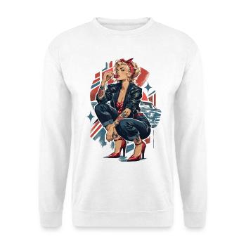 Rebellisches Rockabilly Pin-Up Girl mit Kirsche - Unisex Pullover - Weiß - Vorne - Alina (178cm) & Michal (187cm)