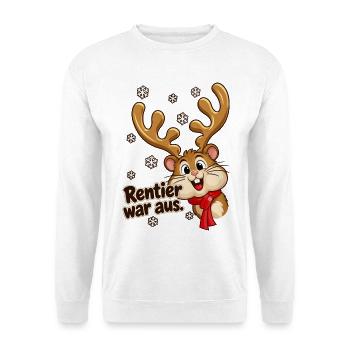 Rentier war aus – Lustiger Weihnachtshamster mit G - Unisex Pullover - Weiß - Vorne - Alina (178cm) & Michal (187cm)