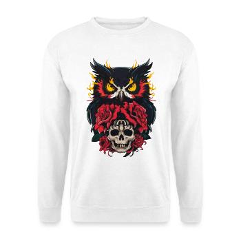 Mystische Eule sitzt auf Skull mit roten Rosen - Unisex Pullover - Weiß - Vorne