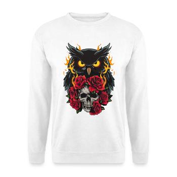 Mystische Eule sitzt auf Skull mit roten Rosen - Unisex Pullover - Weiß - Vorne