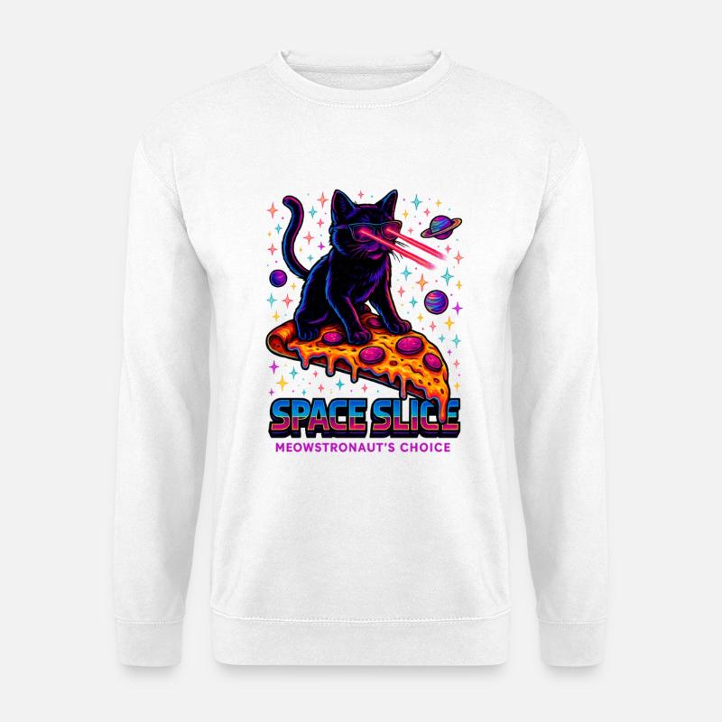 Space Slice – Neon Katze Pizza Universum - Unisex Pullover - Weiß