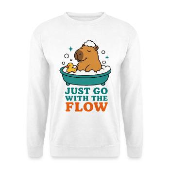 Just Go With the Flow – Capybara im Bad - Unisex Pullover - Weiß - Vorne - Alina (178cm) & Michal (187cm)