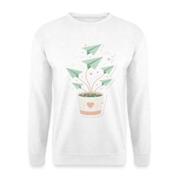 Papierflieger Pflanze mit Herztopf - Unisex Pullover - Weiß - Vorne - Alina (178cm) & Michal (187cm)