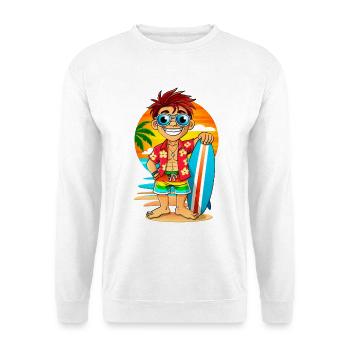 Fröhlicher Surfer mit Surfbrett am Strand. - Unisex Pullover - Weiß - Vorne