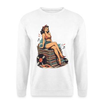 Retro Pin-Up auf riesigem Schallplatten-Stapel - Unisex Pullover - Weiß - Vorne - Alina (178cm) & Michal (187cm)