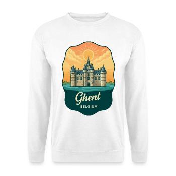 Retro-Sonnenuntergangsabzeichen des Schlosses Gravensteen Gent - Unisex Pullover - Weiß - Vorne - Alina (178cm) & Michal (187cm)