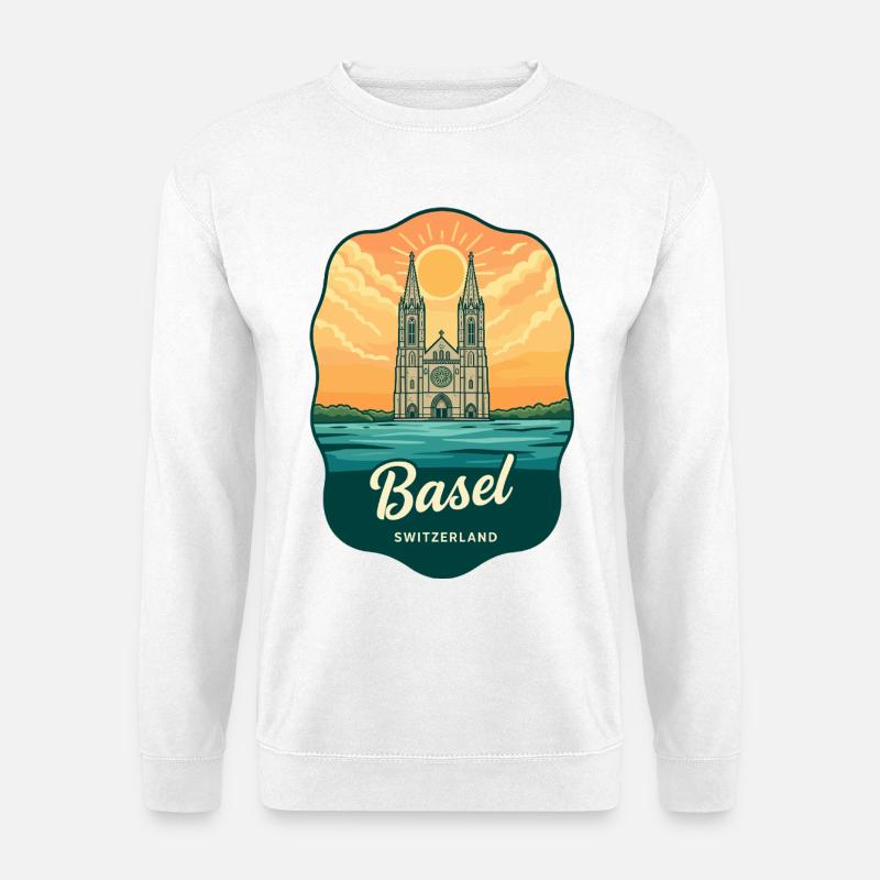 Basel Minster Retro Sonnenuntergangs-Reiseabzeichen - Unisex Pullover - Weiß