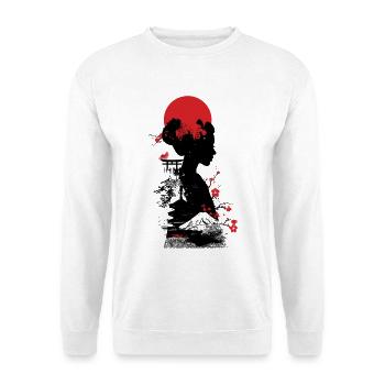 Geisha Fuji Sakura – Japanische Rote Silhouette - Unisex Pullover - Weiß - Vorne - Alina (178cm) & Michal (187cm)