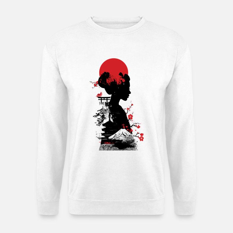 Geisha Fuji Sakura – Japanische Rote Silhouette - Unisex Pullover - Weiß
