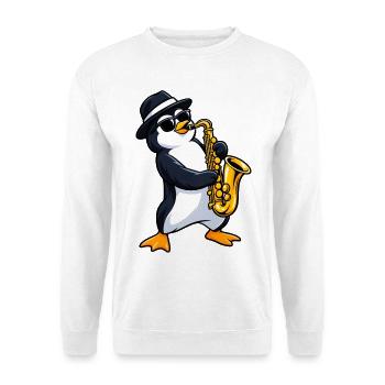 Pinguin mit Saxophon - Unisex Pullover - Weiß - Vorne - Alina (178cm) & Michal (187cm)