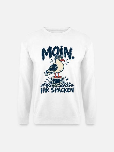Moin! Ihr Spacken – Freche Möwe im Retro Look - Unisex Pullover - Weiß