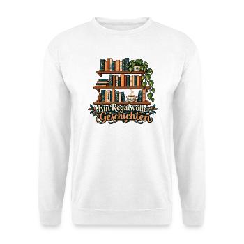 Bücherregal: Ein Regal voller Geschichten - Unisex Pullover - Weiß - Vorne - Alina (178cm) & Michal (187cm)