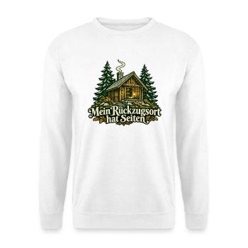 Lesende Waldhütte: Rückzugsort mit Seiten - Unisex Pullover - Weiß - Vorne - Alina (178cm) & Michal (187cm)