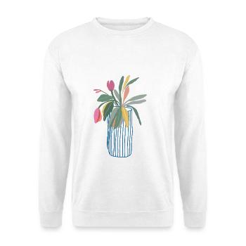 Bunter Blumenstrauß in Vase Tulpen Design - Unisex Pullover - Weiß - Vorne - Alina (178cm) & Michal (187cm)