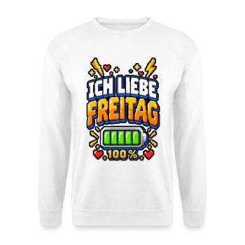 Ich liebe Freitag – Pixel Büro Spruch - Unisex Pullover - Weiß - Vorne - Alina (178cm) & Michal (187cm)