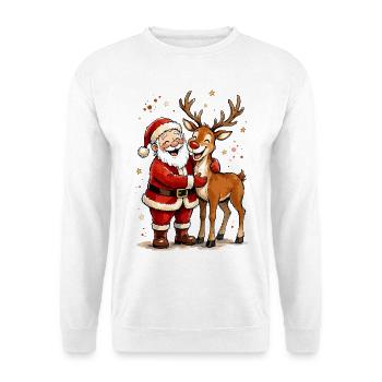 Santa und Rentier Umarmung - Unisex Pullover - Weiß - Vorne - Alina (178cm) & Michal (187cm)