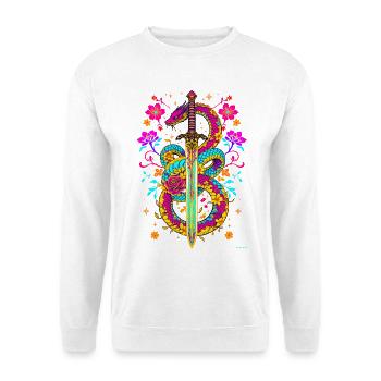 Bunter Schlangenschwertblumen-Design. - Unisex Pullover - Weiß - Vorne - Alina (178cm) & Michal (187cm)