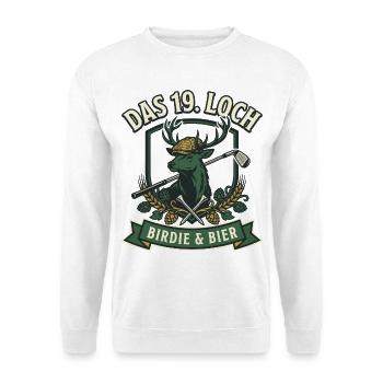 Das 19. Loch Birdie & Bier - Golf Vintage Hirsch - Unisex Pullover - Weiß - Vorne - Alina (178cm) & Michal (187cm)