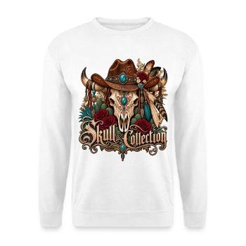 Skull Biker Buffalo Skull Horned Hut - Unisex Pullover - Weiß - Vorne - Alina (178cm) & Michal (187cm)