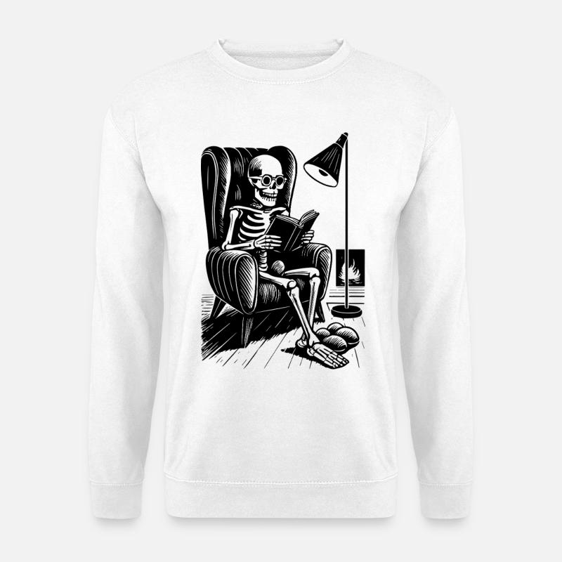 Lesendes Skelett im Lesesessel - Unisex Pullover - Weiß