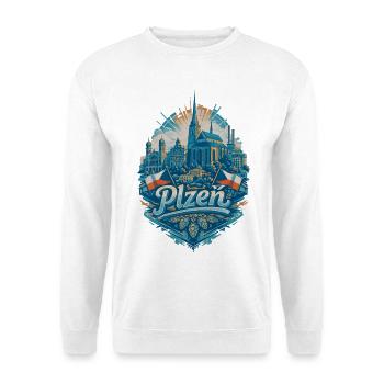 Plzeň Skyline – Stolz & Heimat Pilsen Design - Unisex Pullover - Weiß - Vorne - Alina (178cm) & Michal (187cm)
