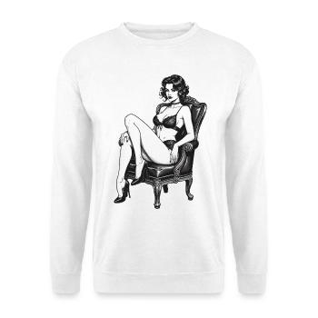 Klassische Burlesque Pin-up Vintage Grafik - Unisex Pullover - Weiß - Vorne - Alina (178cm) & Michal (187cm)