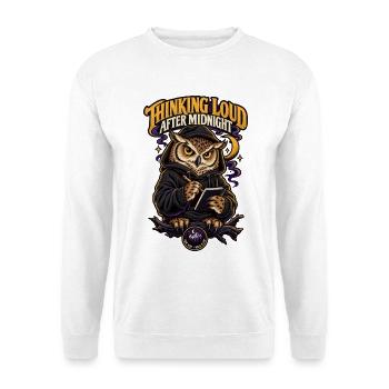 RobVibe Wild Club – Owl Thinking After Midnight - Unisex Pullover - Weiß - Vorne - Alina (178cm) & Michal (187cm)