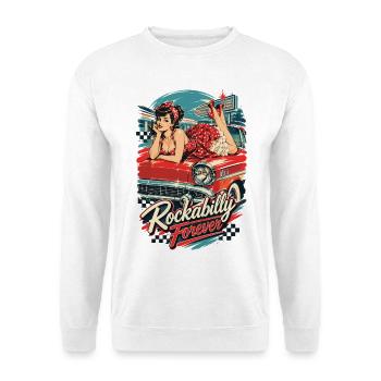 Rockabilly Forever: Vintage Pin-Up Oldtimer - Unisex Pullover - Weiß - Vorne - Alina (178cm) & Michal (187cm)