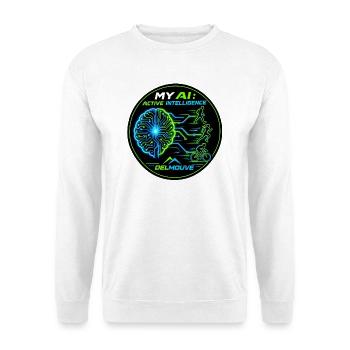 Meine KI Aktive Intelligenz von DELMOUVE - Unisex Pullover - Weiß - Vorne - Alina (178cm) & Michal (187cm)