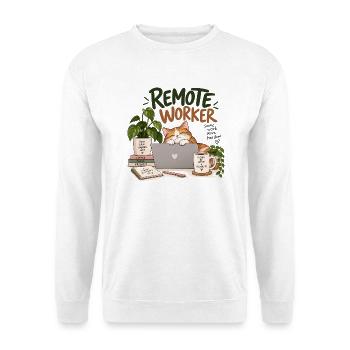 Remote-Arbeiter-Katze – Arbeiten von zu Hause aus Kaffee & Pflanze - Unisex Pullover - Weiß - Vorne - Alina (178cm) & Michal (187cm)