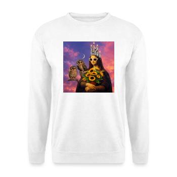 Modernes Porträt mit Sonne und Eulen - Unisex Pullover - Weiß - Vorne - Alina (178cm) & Michal (187cm)