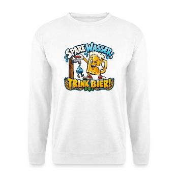 Spare Wasser, trink Bier! – Lustiger Bierkrug - Unisex Pullover - Weiß - Vorne - Alina (178cm) & Michal (187cm)