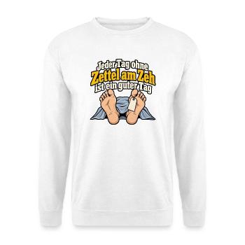 Zettel am Zeh – Schwarzer Humor - Unisex Pullover - Weiß - Vorne - Alina (178cm) & Michal (187cm)