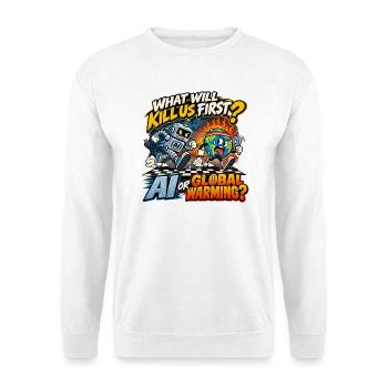 KI oder Erderwärmung – Das Weltuntergangsrennen - Unisex Pullover - Weiß - Vorne - Alina (178cm) & Michal (187cm)