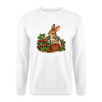 Hase bei der Erdbeerernte - Unisex Pullover - Weiß - Vorne - Alina (178cm) & Michal (187cm)