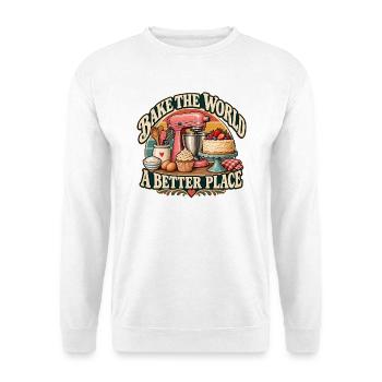 Bake The World A Better Place – Vintage - Unisex Pullover - Weiß - Vorne - Alina (178cm) & Michal (187cm)