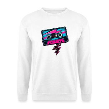 B-Seite: Retro-Kassette und Musikstrahl - Unisex Pullover - Weiß - Vorne - Alina (178cm) & Michal (187cm)