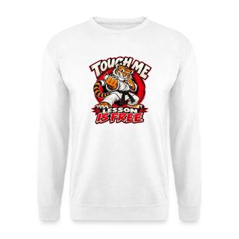 Karate-Tiger – freche Kampfansage im Comicstil - Unisex Pullover - Weiß - Vorne - Alina (178cm) & Michal (187cm)